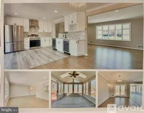 A collage of images showcasing a modern, spacious kitchen and living room area.