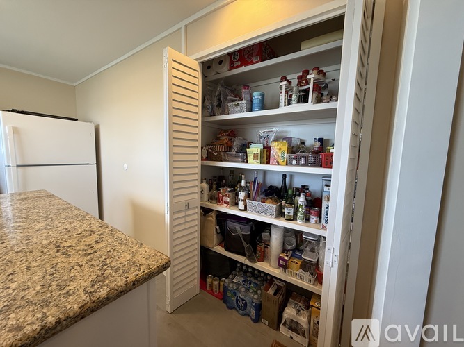 A kitchen pantry with a white refrigerator and a white door cabinet filled with food items.