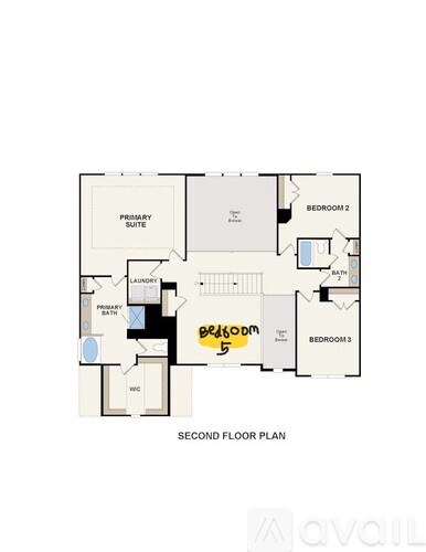 A floor plan of a second floor apartment with three bedrooms and a primary suite.