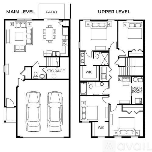 A floor plan shows the layout of a house with a main level and an upper level, including a patio, storage, and multiple bedrooms.