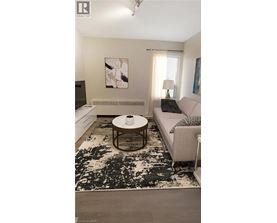A living room with a black and white rug, a grey couch, and a coffee table.