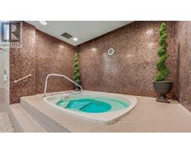 A hot tub in a room with brown walls.