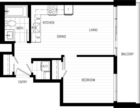 A floor plan of a house with a living room, dining room, kitchen, bathroom, balcony, entry and bedroom.