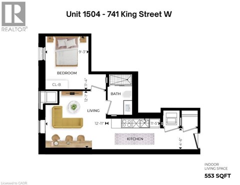 A floor plan for a unit at 1504 - 741 King Street W shows a bedroom, living room, kitchen, and bathroom.