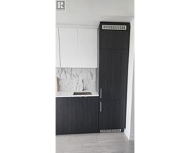 A black and white kitchen with a sink and cabinets.