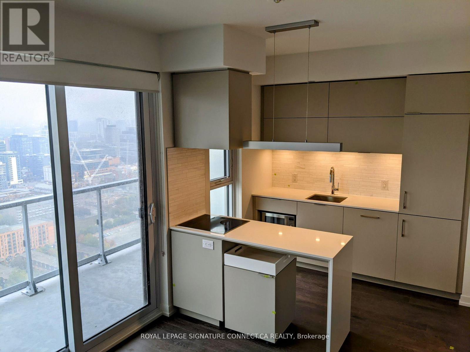 A kitchen with a view of the city.