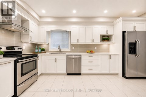 A modern kitchen with white cabinets and stainless steel appliances.