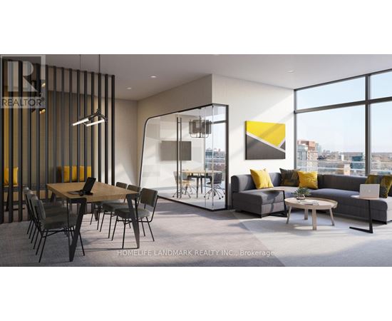 A modern living room with a dining table and a sofa.