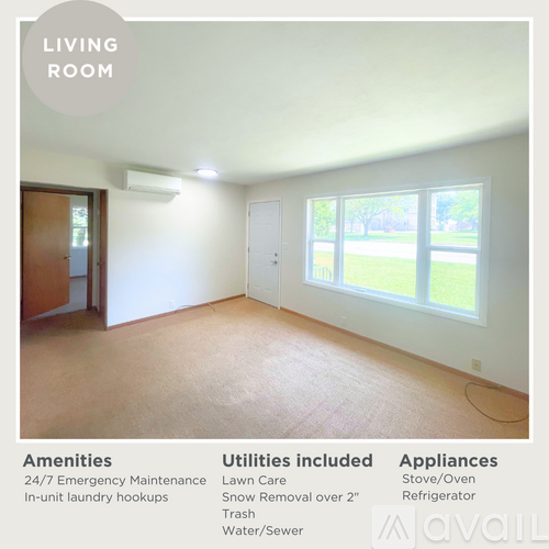 A living room with amenities, utilities, and appliances listed.