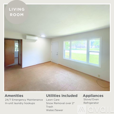 A living room with amenities, utilities, and appliances listed.
