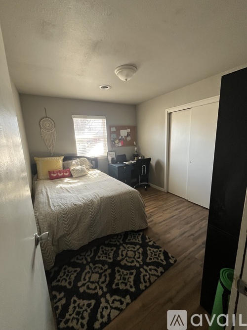 A bedroom with a bed, a rug, and a dream catcher on the wall.
