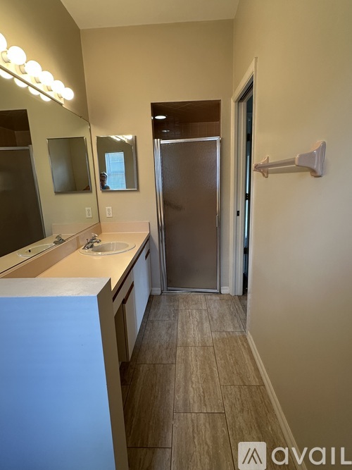 A bathroom with a sink, mirror, and shower.