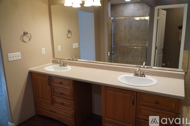 A bathroom with a double sink vanity and a large mirror.