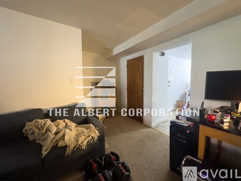 A living room with a couch and a television.