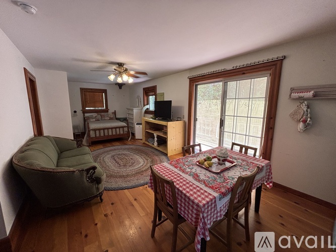 A living room with a green sofa, a bed, a television, and a dining table with chairs.