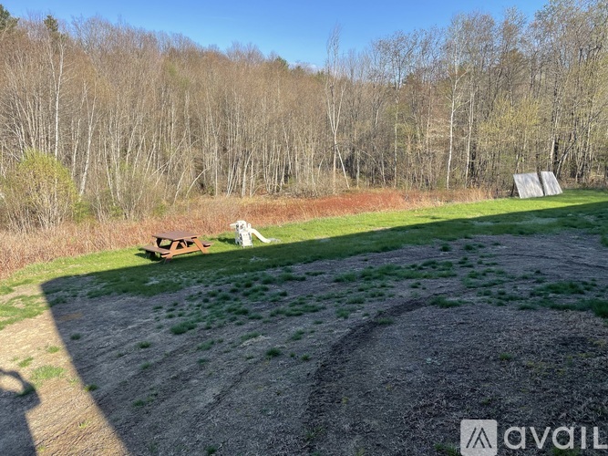 A picnic table is set up in a field with trees in the background.