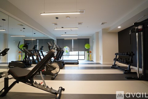 A gym with a row of exercise bikes and a row of dumbbells.