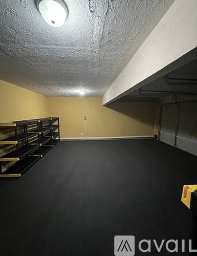 A room with a black floor and a white ceiling with a light fixture.