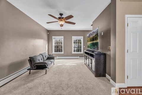 A living room with a grey sofa and a ceiling fan.
