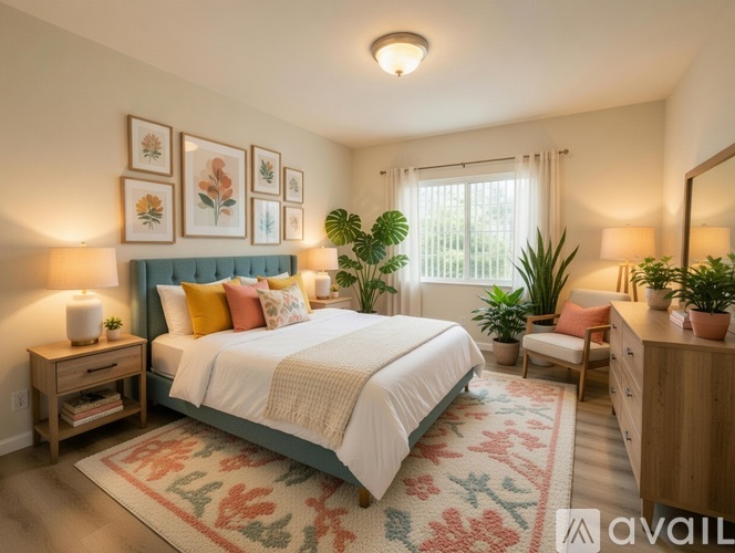 A bedroom with a bed, a chair, and a potted plant.