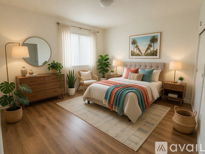 A bedroom with a bed, a dresser, a mirror, and a painting on the wall.