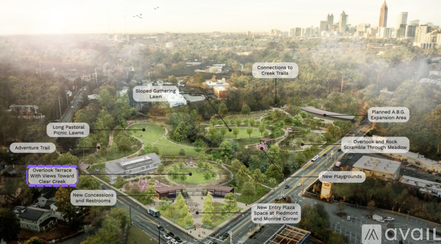 A bird's eye view of a park with a sloped gathering lawn and a long picnic lawn.