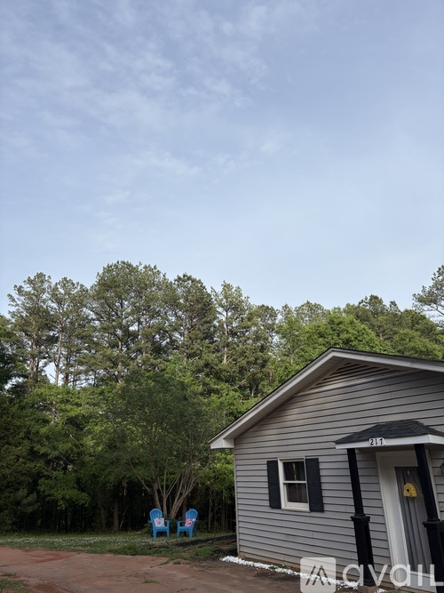 A small house with a grey roof and a white door is surrounded by trees.