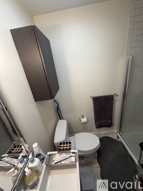 A bathroom with a toilet, sink, and a cabinet.