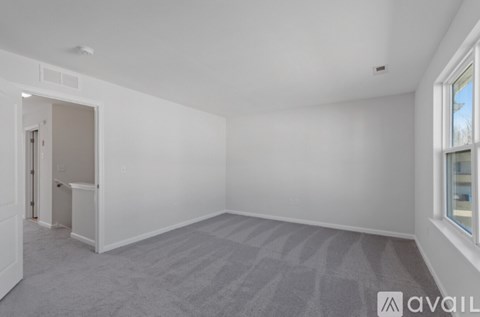 A room with a carpeted floor and a window on the right side.