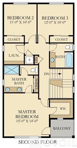 A floor plan of a two bedroom apartment with a second floor balcony.