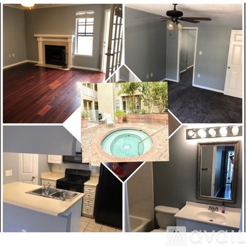 A collage of images showing a living room, kitchen, and bathroom.