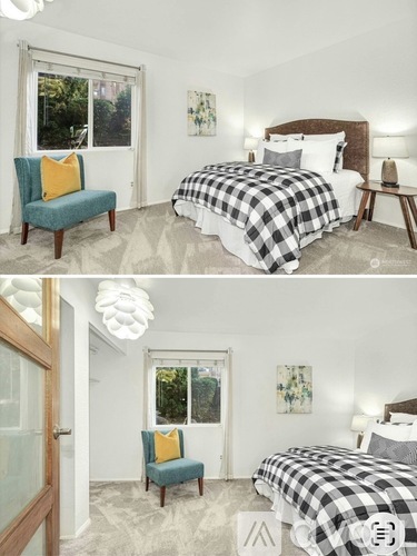 A bedroom with a bed, chair, and window.