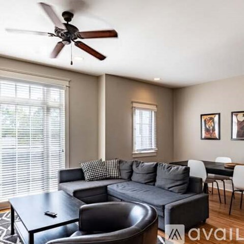 A living room with a grey couch and a ceiling fan.