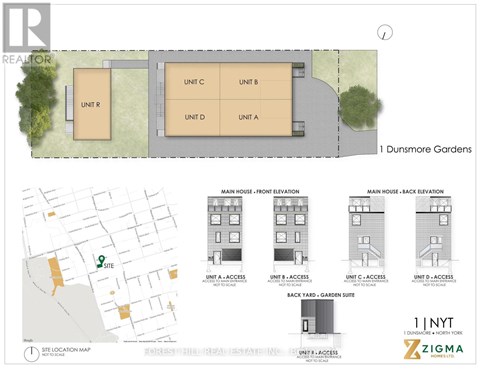 A real estate company's site plan and elevation drawings for a property with a garden suite.