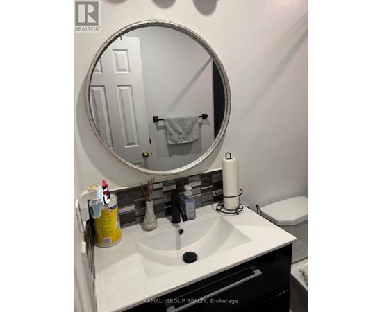 A bathroom with a white sink and a round mirror.