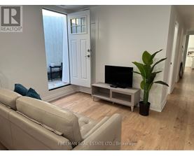 A living room with a couch, a television, and a potted plant.
