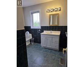 A bathroom with a toilet, sink, and mirror.