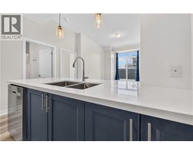 A modern kitchen with dark blue cabinets and a white countertop.