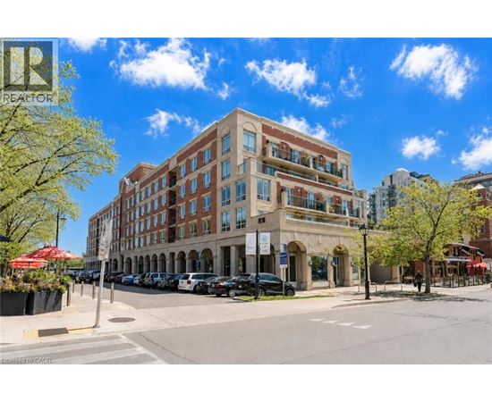 A street view of a multi-story building with cars parked in front and trees lining the sidewalk.