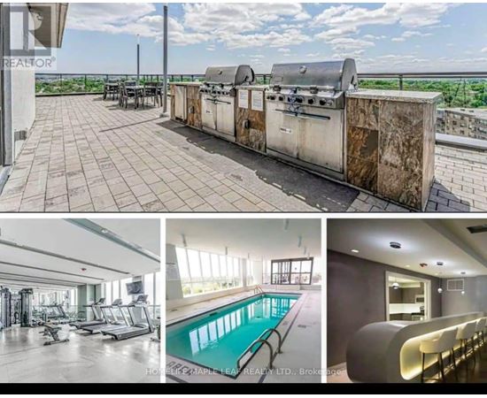 A collage of images showcasing a property for sale, including a rooftop patio, gym, swimming pool, and staircase.