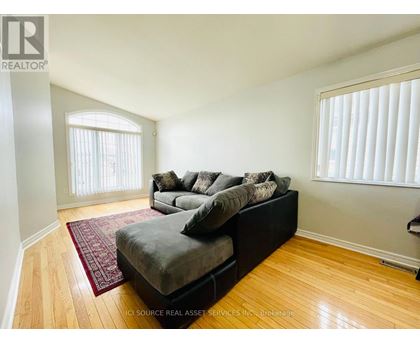 A living room with a grey couch and a red rug.
