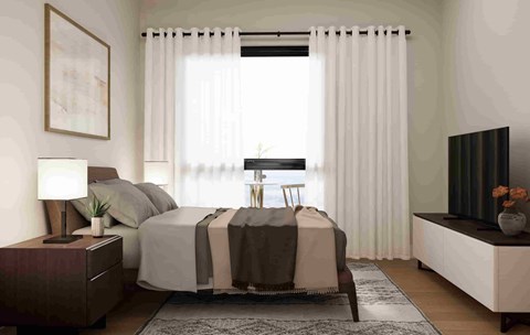 A bedroom with a bed, nightstand, and window with curtains.