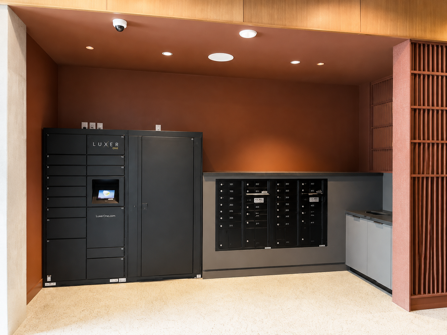 A kitchen with black appliances and wooden cabinets.