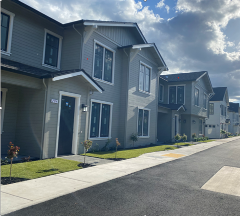 A row of houses with a cloudy sky above them.
