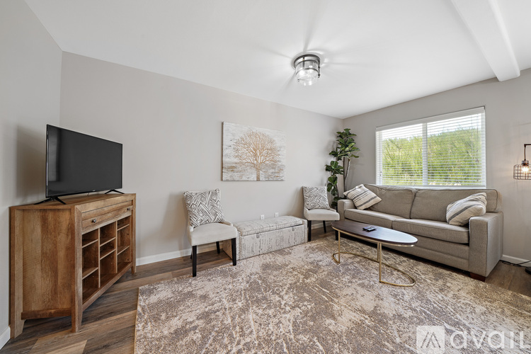 A living room with a grey couch, a wooden cabinet, a television, and a rug.