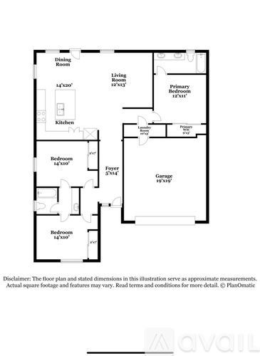 A floor plan of a house with a garage and three bedrooms.