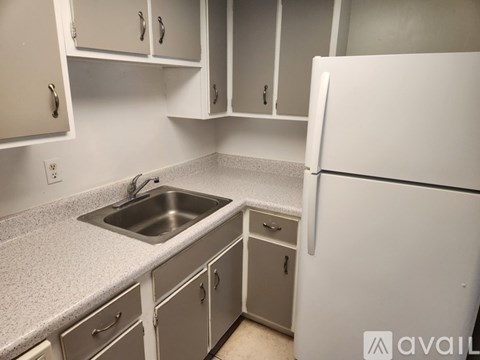 A kitchen with a sink and a refrigerator.