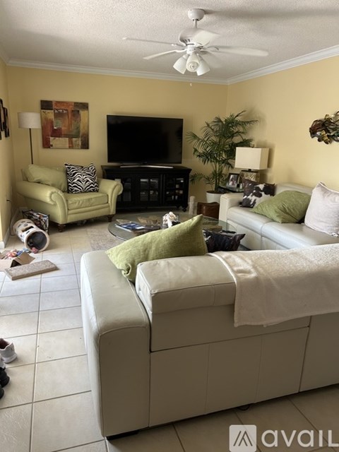 A living room with a white couch and a television.