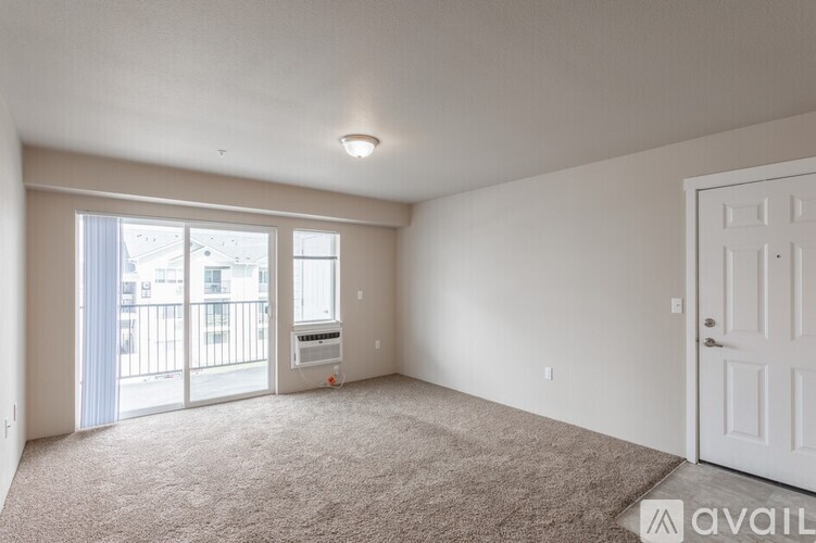 A room with a carpeted floor, a sliding glass door, and a white door.