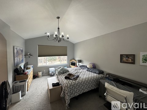 A bedroom with a large bed and a chandelier.